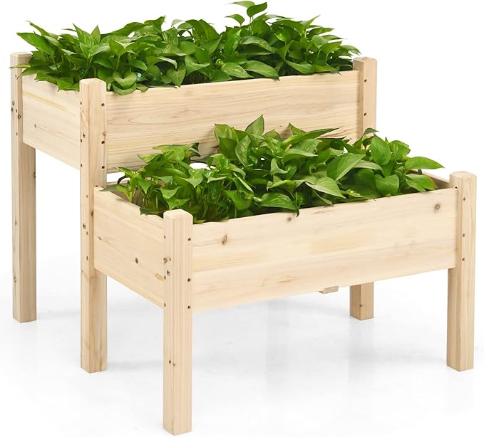 COSTWAY Raised Garden Bed 2-Tier Wooden Elevated Planter Box Stand with Legs for Vegetables Flowers Herbs Outdoor Indoor Garden Bed Kits for Backyard Patio Balcony Patio Natural