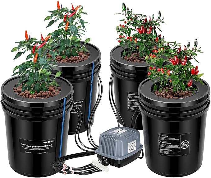 VIVOSUN DWC Hydroponics Grow System with Top Drip Kit 5-Gallon Deep Water Culture Recirculating Drip Garden System with Multi-Purpose Air Hose Air Pump and Air Stone (4 Buckets + Top Drip Kit)
