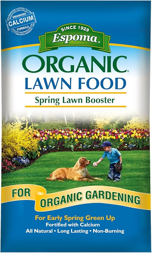 Espoma Organic Spring Lawn Booster 8-0-0 Natural &amp Organic Lawn Fertilizer. Long Lasting Slow-Release Nitrogen Enhanced with Calcium. 30 lb. Bag Covers up to 5000 Sq. Ft.