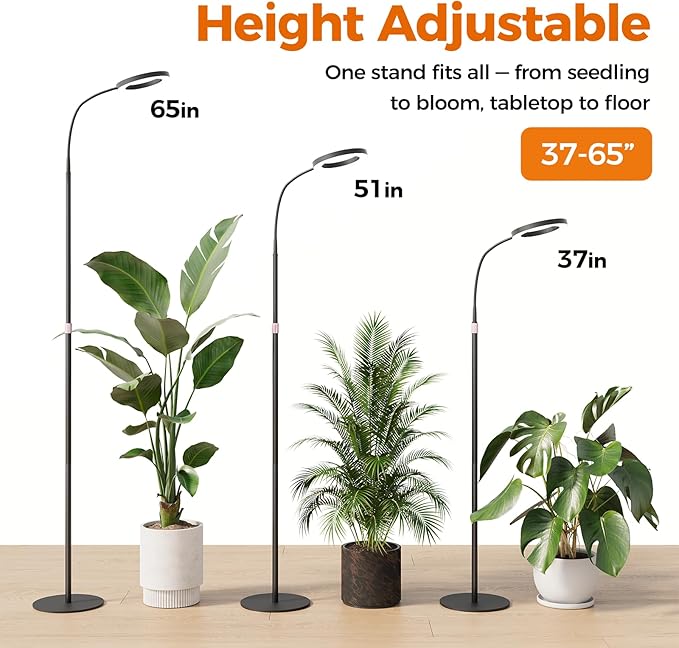 Bamworld Grow Lights for Indoor Plants Full Spectrum Plant Lights for Indoor Growing Floor Grow Lamp for Large Plants Auto ON/Off Timer 3/9/12H 10 Dimmable Levels 37-65 Adjustable Height