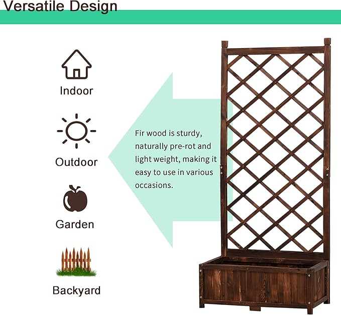 Anraja Raised Garden Bed with Trellis Wooden Planter Box Outdoor Wood Privacy Screen for Climbing Plant Planting Flower Patio Tomato Vegetable Herb Balcony Porch 29.5 L x 17.0 W x 67.0 H