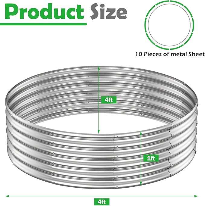 PINPON 4x4x1ft Round Galvanized Raised Garden Bed Outdoor Large Metal Planter Box for Vegetables Flower and Herb Garden Above Ground Galvanized Steel Garden Bed for Backyard Patio