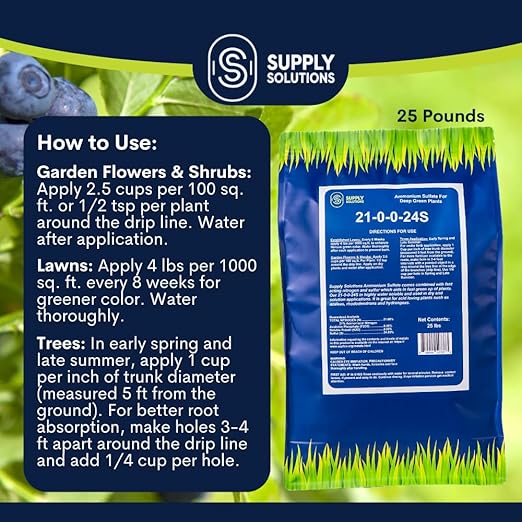 Supply Solutions 21-0-0-24S Ammonium Sulfate for Deep Green Plants - Soil Acidifier for Blueberry Blooms Azalea and Magnolia Tree Fertilizer - Sulfur for Plants Nitrogen Fertilizer (25 Pounds)