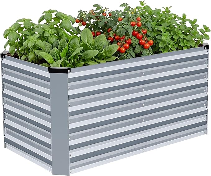 INNO STAGE 4x2x2ft Galvanized Raised Garden Bed Raised Garden Bed Kit-Metal Planter Box Outdoor Planting for Vegetables Fruits Herbs Flowers Silver