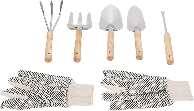 Garden Tool 5Pcs Gardening Hand Tools with Wooden Handle Canvas Gloves Stainless Steel Material Proof Garden Tool Set