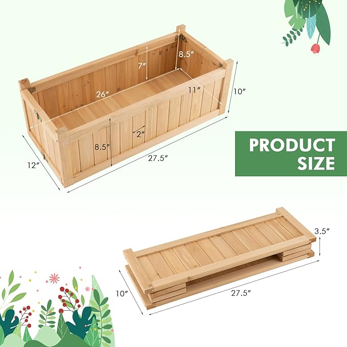 COSTWAY Wooden Planter Garden Bed Folding Planter Box with Drainage Holes for Vegetables Herbs Fruits &amp Flowers Outdoor Indoor Raised Planting Bed for Patio Backyard Lawn 27.5L x 12W x 10