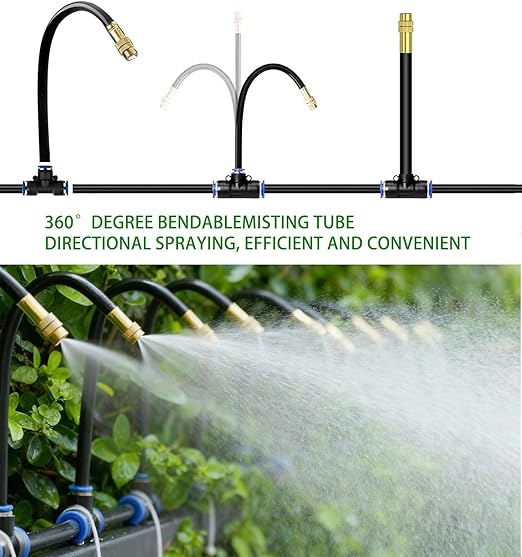 50ft Drip Irrigation Kit Garden Watering System with 360° Adjustable Brass Nozzles &amp Flexible Mist Tubing DIY Automatic Plant Waterer for Greenhouse Patio Lawn Flower Bed (1/4 Hose)