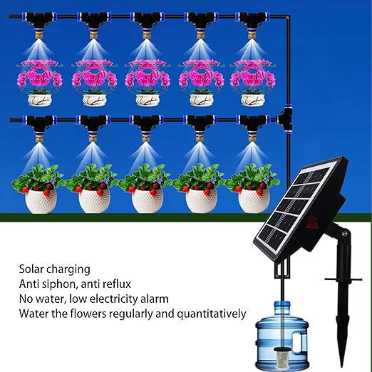 Solar Powered Spray Irrigation System Kit Flexible Watering Schedule Solar Auto Irrigation System with 2200mAh Battery IP67 Water Proof 10m Hose15 Flower Pots for Garden Lawn