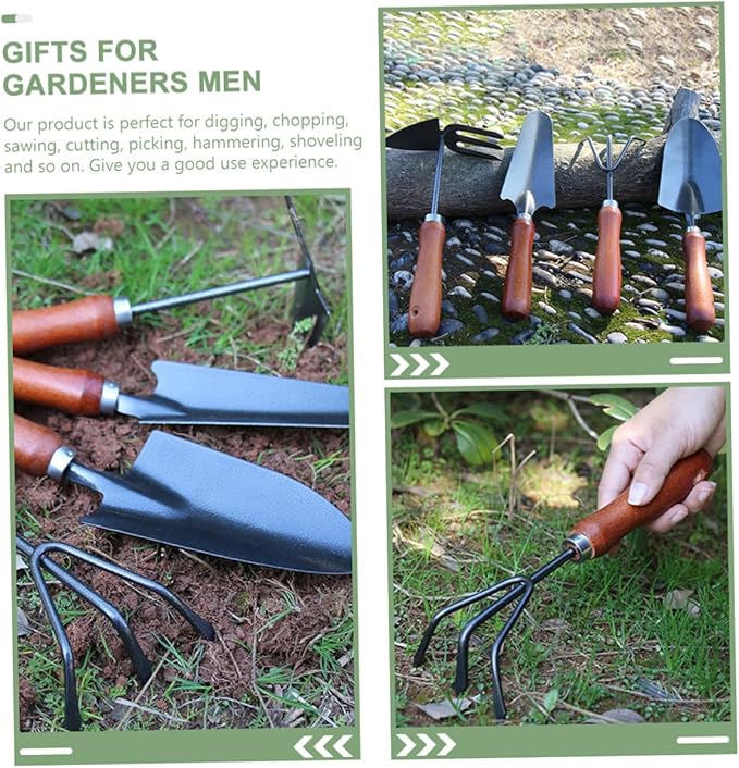 Garden Tool Set 4pcs Small Shovels for Gardening with Extended Narrow Spade Triple Claw Rake Dual-use Hoe and Rake Soil Scoop for Planting and Digging in Home Gardens