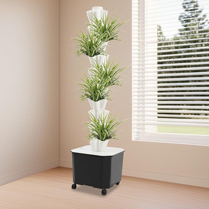 10-Tier 50-Plant Hydroponic Growing Kit Hydroponic Growing Tower Set with Wheels for Outdoor Indoor Vertical Vegetable Plant Tower Self-Watering Garden Planter Tower (White)