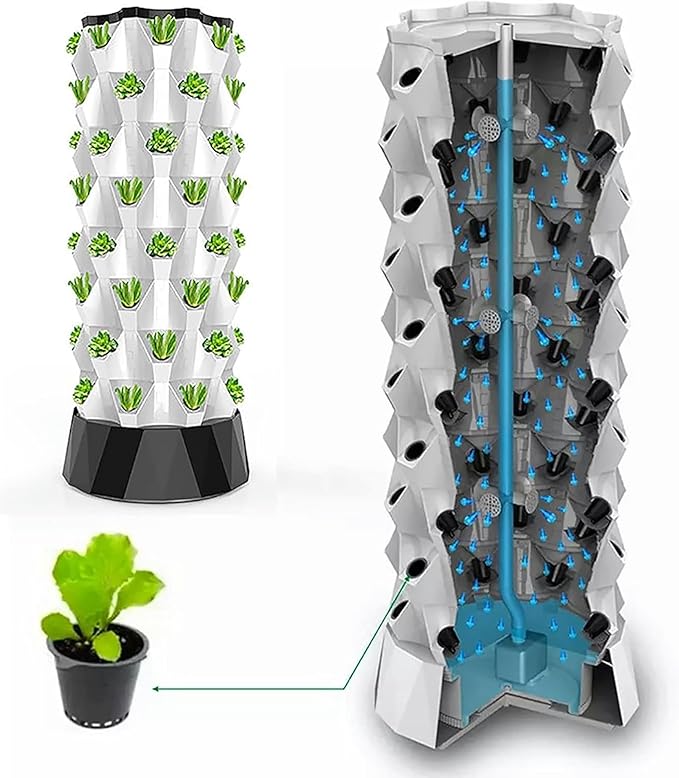 Hydroponic Growing Kits Indoor Grow Vertical Grow Tower with Hydrating Pump Timer Adapter Seeding Bed &amp Net Pots for Fruits a
