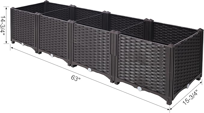 Deep Raised Garden Bed Plastic Planter Boxes Self-Watering Planter Box Raised Bed to Grow Vegetables Flowers Herbs and Succulents 63 L X 15.7 D X 14.7 H (Brown Style 1-4)