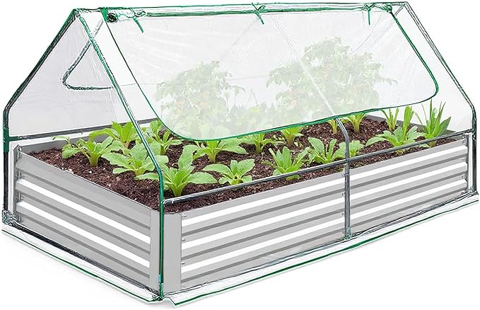 Galvanized Raised Garden Bed with Cover 6x3x3Ft Extra-Thick Metal Planter Box Kit with 2 Roll-Up Large Screen Windows Mini Greenhouse &amp1 Pair of Gloves for Growing Vegetables Fruits Flower Clear