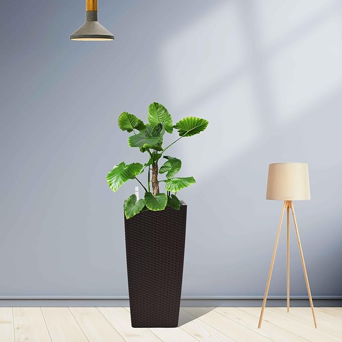 Square Planter for Indoor or Outdoor Use 22 Inch High Faux Rattan Flower Pot with Automatic Watering System for Porch Patio Backyard Makes Keeping Flowers Easier (Pack of 2 Brown)
