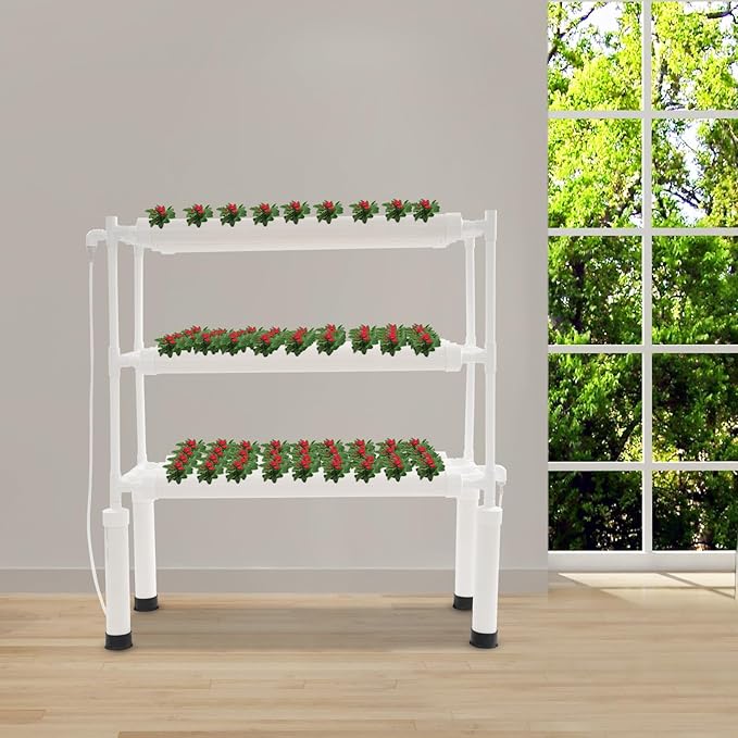 Hydroponics Growing System 108 Planting Holes 3-Tier PVC-U Pipes Hydroponic Gardening System Grow Kit Nest Basket and Sponge Plant Site Grow Kit with Water Pump &amp Timer for Leafy Vegetables