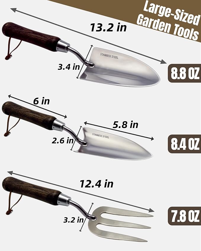 Garden Tool Set 6PCS Heavy Duty Stainless Steel Gardening Hand Tools with Ropes Includes Hand Cultivator Shovel Trowel Transplanter 2-in-1 Hoe Pruner Ideal Gardening Gifts for Women Men (Upgrade)