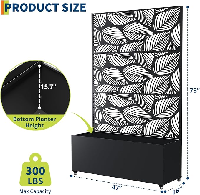 Metal Planter Box with Trellis 47X16X71 Raised Garden Bed w/Wheels Galvanized Metal Privacy Screen for Climbing Plants Vegetables Vines Patio Planters with Drainage Holes 16 Deep Bed