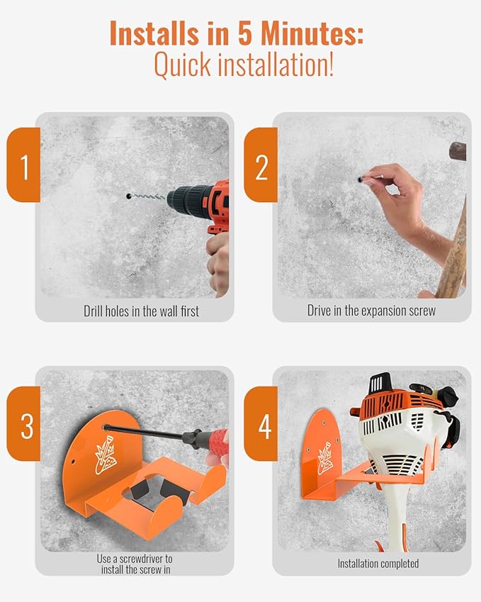 Weedeater Rack &amp Snow Shovel Hanger - 4 Pack - 180LB Heavy-Duty Alloy Steel Wall Mount Set for Winter Gear Stihl Power Tools Grass Trimmer Garden Tools Space-Saving Storage for Garage Shed