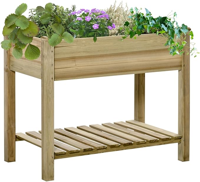 36 X 20 X 30 Raised Garden Bed Elevated Wood Planter Box with Legs and Spacious Storage Shelf for Growing Vegetables Herbs and Flowers
