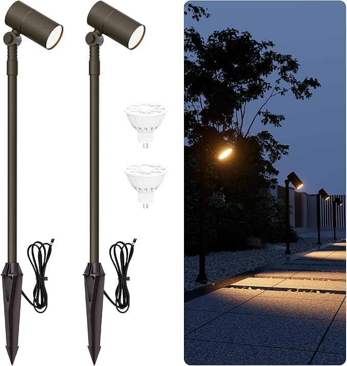 Low Voltage Landscape Path Light Kits Lights Paths and Garden Bed Also be Used for Uplights Light up Walls and Trees Cast Aluminum Body Free 5W 12V MR16 LED Bulb and ABS Stake 2-Pack