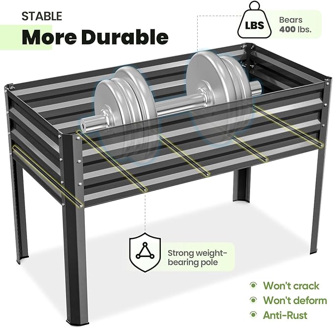 KING BIRD Raised Garden Bed with Irrigation System and Legs Galvanized Elevated Planter Box 48×24×31.5 in for Backyard Patio Balcony 400lb Capacity Dark Grey