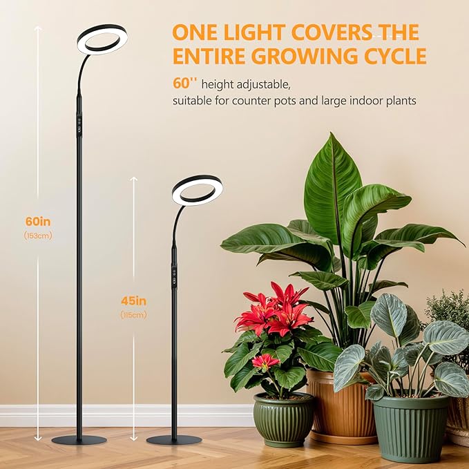 Grow Lights for Indoor Plants Full Spectrum with High Aluminum Stand31.5-63in Height AdjustablecAuto Timer Flexible Gooseneck10-Level Dimmable Floor Lamp for Small Tall Large Plant Growth