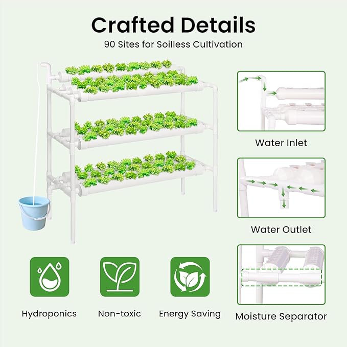 Upgraded Hydroponics Growing System90 Plant Sites 3 Layers 10 Food-Grade PVC-U Pipeshydroponics Growing System Kit Gardening Systems Grow Kits with Water Pump Timer nests Basket and Sponge