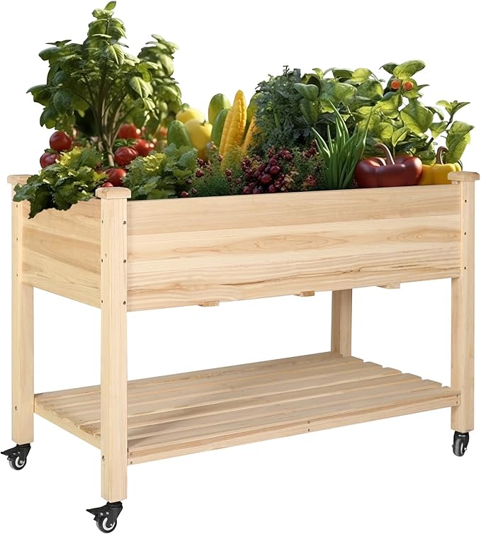 MUPATER Raised Garden Bed Planter Box with Four Wheels and Legs for Herbs and Vegetables Elevated Garden Bed with Drainage Holes for Outdoor Indoor