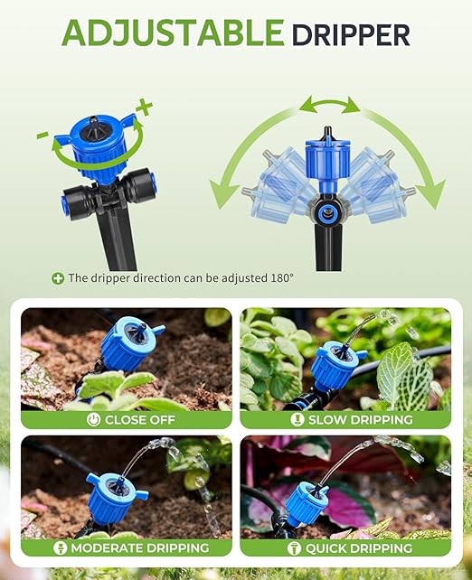 HIRALIY 50FT Pressure Compensated Drip Irrigation System with Timer No-Leak Quick Connect Automatic Watering System 12 Adjustable Emitters for Uniform Flow Garden Patio Raised Bed