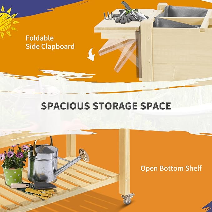 Outsunny Raised Garden Bed with 8 Grow Grids Wooden Outdoor Plant Box Stand with Folding Side Table and Wheels 49 x 21 x 34 for Vegetables Flowers Herbs Natural