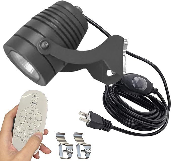 Kiven LED 7Watts Indoor/Outdoor Waterproof Spotlight Dimmable Porch Light with 9.84 FT Plug-in Cord and Remote Control Plug in Accent Light with Vinly Siding Hooks for Plants Porch Garden
