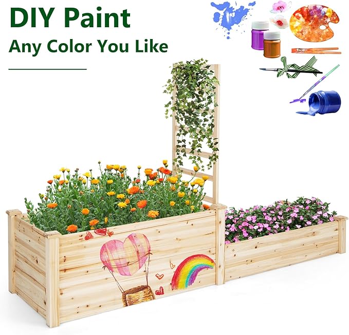 Giantex Raised Garden Bed with Trellis Set of 2 Wood Shallow &amp Deep Planter Box for Climbing Plants Cucumber Vegetables Flowers Herbs Fruits Easy Assembly Outdoor Rectangular Floor Gardening Be