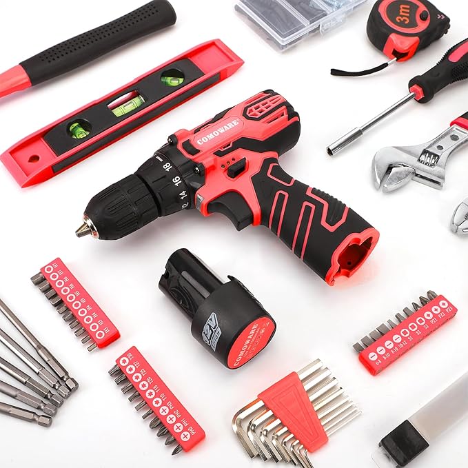 COMOWARE 12V Cordless Drill Set 169Pcs Hand Tool Set with Cordless Drill Driver Complete Repair Tool Kit for Men Storage Bag Ideal for Office Garden Dorm and DIY Project