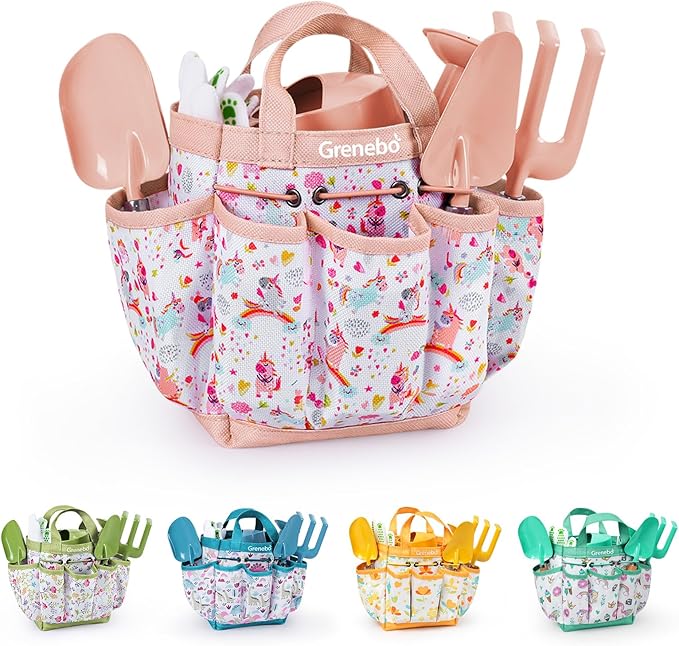 Kids Gardening Set Toys Quality Garden Tool Kit for Kids and Toddlers Includes Two Shovels Garden hatRake ApronGloves Watering Can and Tool Bag (Pink)