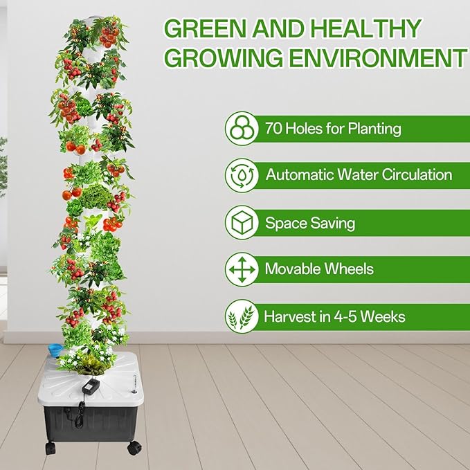 14 Tiers Hydroponic TowerVertical Hydroponic Garden Tower with Pump and Removable Water Tank70 Slots Vegetable Growth Planter Hydroponics Growing System for Indoor Plants Standalone House