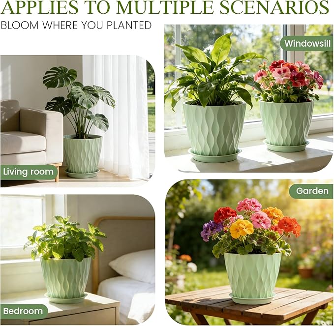 8 Inch Plant Pots with Saucers (4 Pack) - Modern Ribbed Flower Pots for Indoor Plants - Sturdy Decorative Planters for Snake Plant &amp Flowers - Drainage Holes (4 Green)