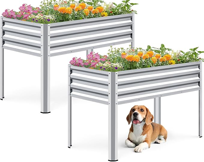 KING BIRD Large Raised Garden Bed with Legs Galvanized Elevated Planter Box 48×24×32 in for Backyard Patio Balcony 400lb Capacity Silver 2pcs