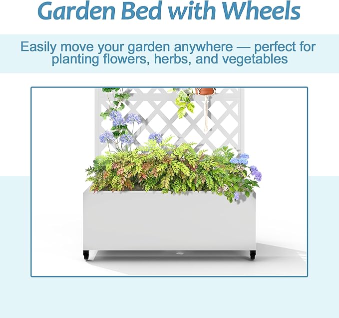 Metal Planter Box with Trellis &amp Wheels Raised Garden Bed with Privacy Screen Outdoor Standing Flower Beds with Drainage Hole for Climbing Plants Vine 35.4 L x 15.7 W x 70.9 H White