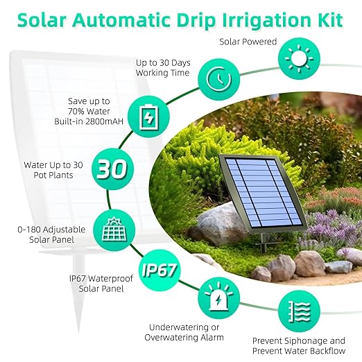 Solar Drip Irrigation System - Supports 20-30 Pots 12 Timing Modes - Drip Irrigation KitAutomatic Plant Garden Watering System for Outdoor PlantsGarden and Potted Plants