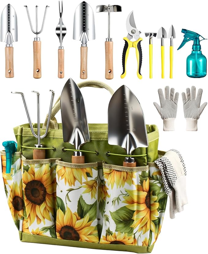 Garden Tools Set 12-Piece MOSFiATA Gardening Tools Kit with Comfortable Handle Heavy Duty Soil Shovel Transplant Trowel Weeder Hand rake Professional Pruner Sprayer Gloves with Organizer Bag