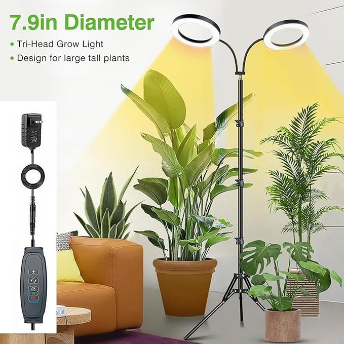 Focket Plant Grow Light 108 LEDs Height Adjustable Full Spectrum Grow Light for Indoor Plants Plant Growing Lamp with 3 9 12Hrs Auto Timer 6 Brightness &amp 10 Dimmable (US Plug 2 Heads 20W Use 2A