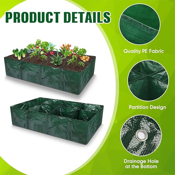 Woanger 6 Pcs 35 Gallon Plastic Raised Garden Bed 8 Divided Grids Planter Box with Drainage Holes PE Fabric Rectangle Raised Planting Bed for Vegetables Fruits Flowers Potato Outdoor Gardening