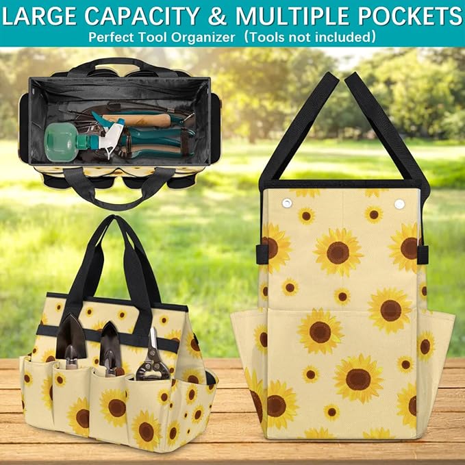 Sunflower Gardening Tool BagHeavy Duty Garden Tote BagPortable Oxford Gardening Storage Basket Organizer Handbag with Pockets HandleHand Tools Gifts for Outdoor Garden Lawn Yard