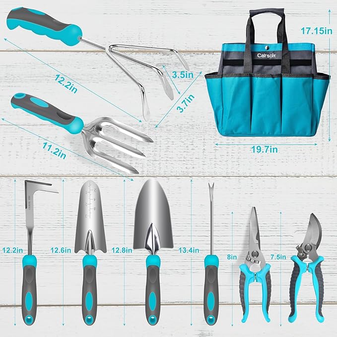 Gardening Tools Carsolt 10 Piece Heavy Duty Stainless Steel Garden Tools Set with Ergonomic Rubber Handle. Variety of Gardening Hand Tools with Gift Box Ideal Garden Gifts for Women