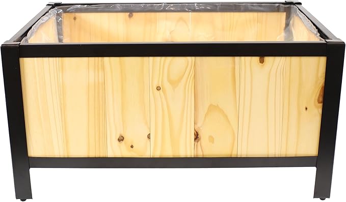 Sunnydaze Steel-Framed Acacia Wood Rectangular Planter Box - 15.5 H Wooden Raised Garden Bed with Removable Planter Bag - Natural