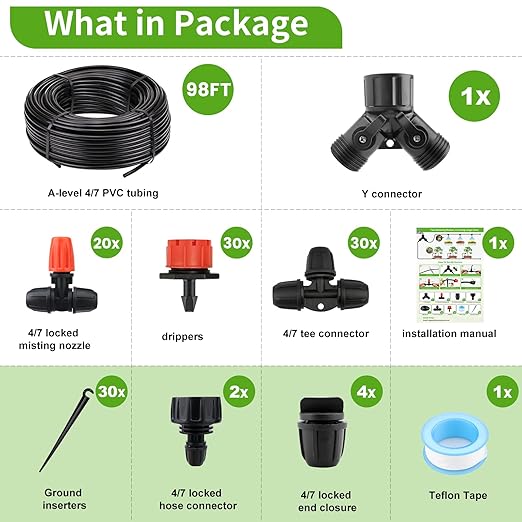 Locked - Connect Drip Irrigation Kit 98ft Garden Drip Irrigation System Automatic Micro Watering System with 4/7 inch Tubing Hose with Misting Nozzle Emitters for Garden Bed Patio Greenhouse
