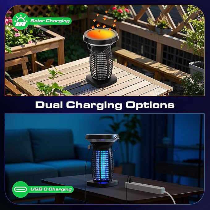 Solar Bug Zapper Outdoor Mosquito Zapper Outdoor Waterproof Electric Rechargeable Fly Zapper with Solar Panel 4200V Fly Trap Indoor for Home Backyard Patio Garden Camping