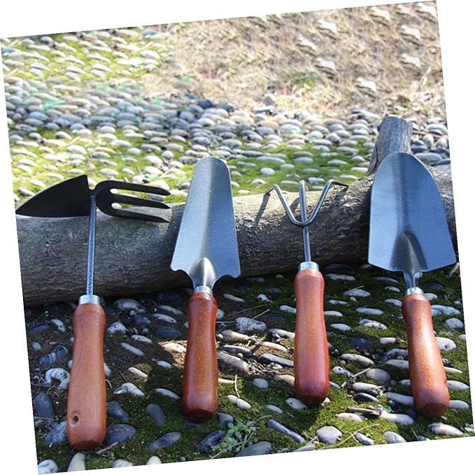 4pcs Mini Garden Tool Set with Small Shovel Narrow Trowel Three-Prong Rake and Dual-use Hoe for Planting and Digging in Pots and Garden Beds