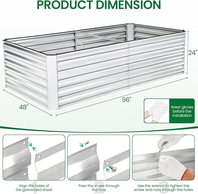6x3x2FT Raised Garden Bed Kit Galvanized Planter Raised Garden Boxes Outdoor w/Anti Cutting Strip &amp A pair of gloves Deep Root Raised Planter for Vegetables Fruits Flowers and Herbs Silver