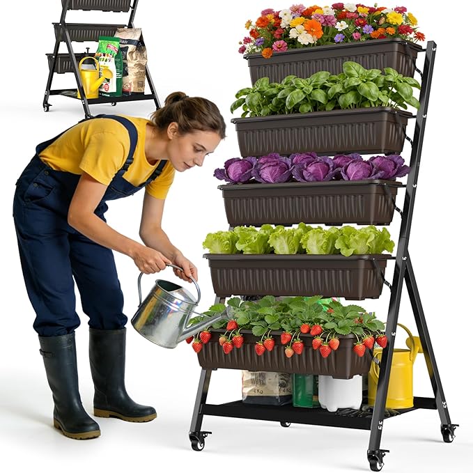5-Tier Vertical Garden Bed Planter Boxes with Wheels Drainage System &amp Storage Space Mobile Vertical Garden Planter with 5 S-Hooks for Plants Vegetables Flowers Herbs in Garden Patio Yard